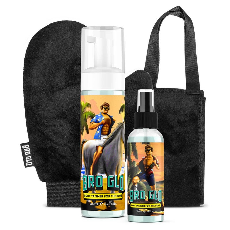 Bro Glo Self Tanner for The Boys - King Bundle - Easy Sunless Tan For Your Face & Body With Mitt & Back Applicator - Oil Free Water Based for Faster Skin Drying - Natural Sun Kissed Bronze Color Perfect for Men - Gift Set (The King Bundle) - Image 1