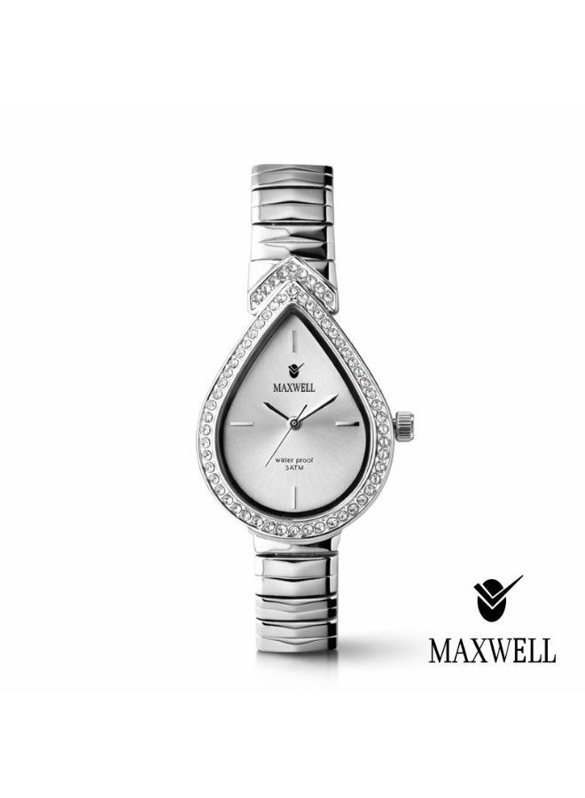 This Maxwell watch features an elegant oval design with a crystal-studded bezel and a stainless steel bracelet, and is also water-resistant.