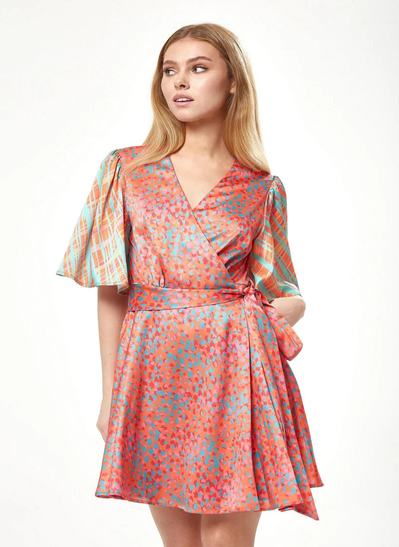 Liquorish Orange Printed Mini Wrap Dress