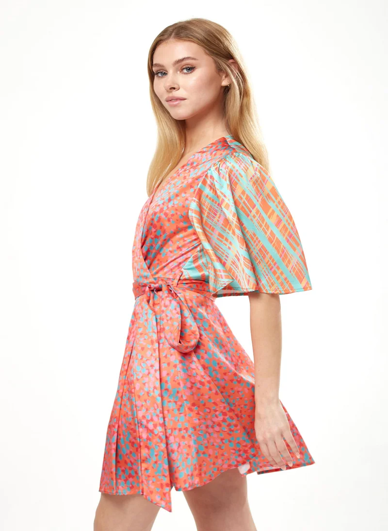 Liquorish Orange Printed Mini Wrap Dress