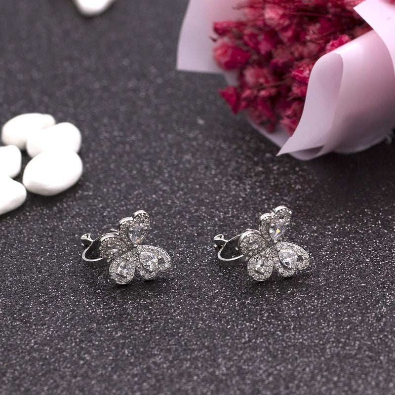YOQUCOL Butterfly shape Cubic Zirconia Crystal Clip On Earrings Non Pierced Silver Stud for Women - Image 2
