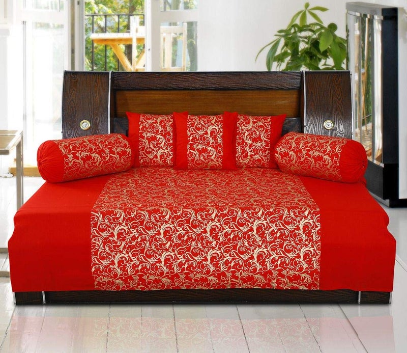 Dekor World Gold Printed Cotton Red Diwan Set (Pack of 6) - Image 2