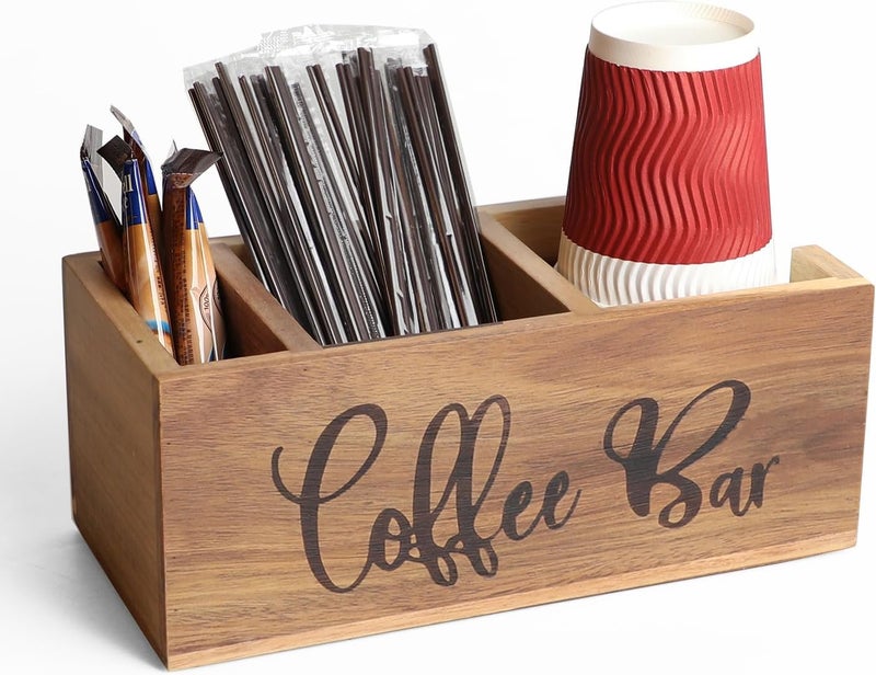 LBEMEY Acacia Wood Station Organizer,Coffee Station Organizer for Cup Lid Stirrers Pod, Disposable Coffee Cup Holder, Farmhouse Accessories Decor, Brown Labeled "Coffee Bar" - Image 1