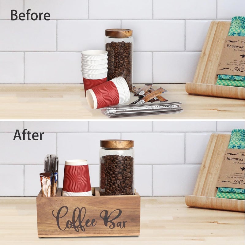 LBEMEY Acacia Wood Station Organizer,Coffee Station Organizer for Cup Lid Stirrers Pod, Disposable Coffee Cup Holder, Farmhouse Accessories Decor, Brown Labeled "Coffee Bar" - Image 5