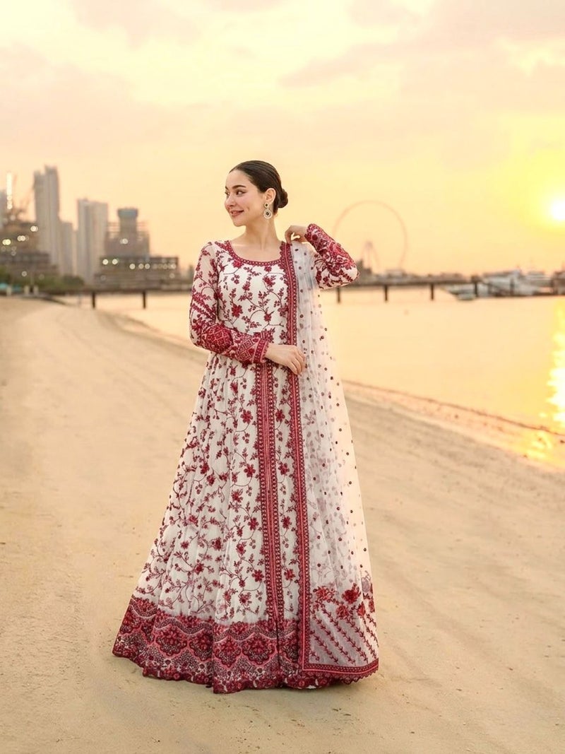 ANAITA Red & White Faux Georgette Readymade Suit with Embroidery & Tassels attached - Image 1
