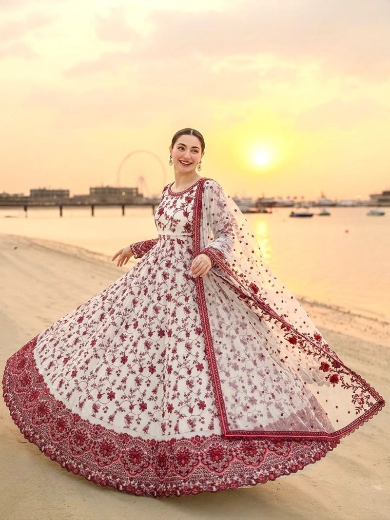 ANAITA Red & White Faux Georgette Readymade Suit with Embroidery & Tassels attached - Image 2