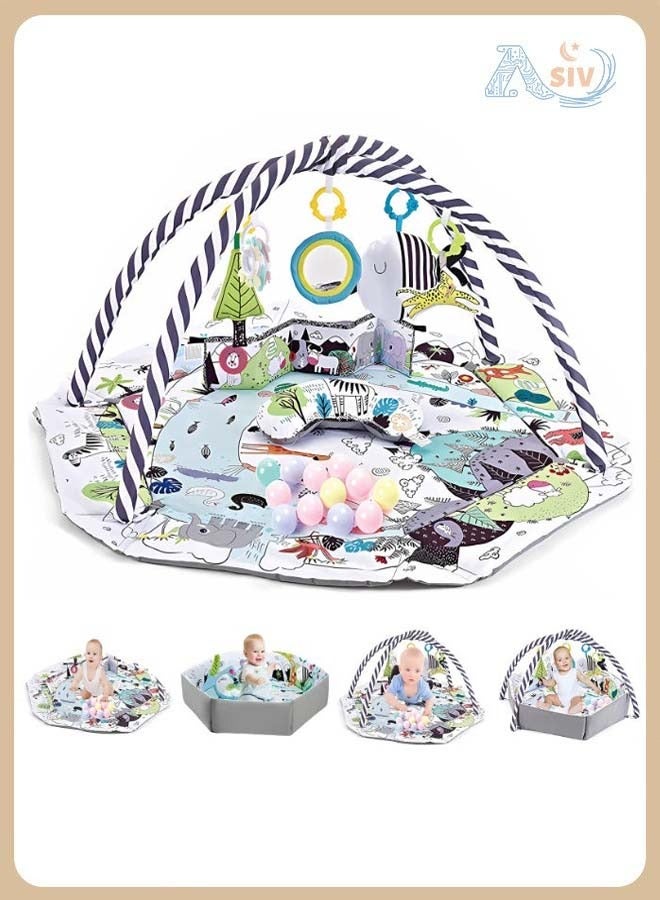 ASIV Multi-Functional Baby Gym and Play Mat Combo - Suitable for Sensory Exploration and Motor Skill Development from Infants to Toddlers, Safe Soft Foam Activity Mat (43.5 x 43.9 x 50.0 cm), Comes with 6 Interactive Toys, Mirror, and Ball Pit - Image 1