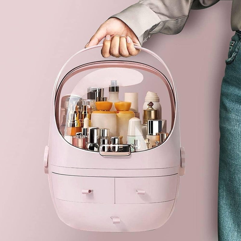 SHOPECOM Makeup Organizer Box Cosmetic Storage Modern Cosmetic Storage Holder Portable Handle Fully Open Waterproof Transparent Lid Dustproof Drawers Great for Bathroom Dresser Countertop multicolour - Image 2
