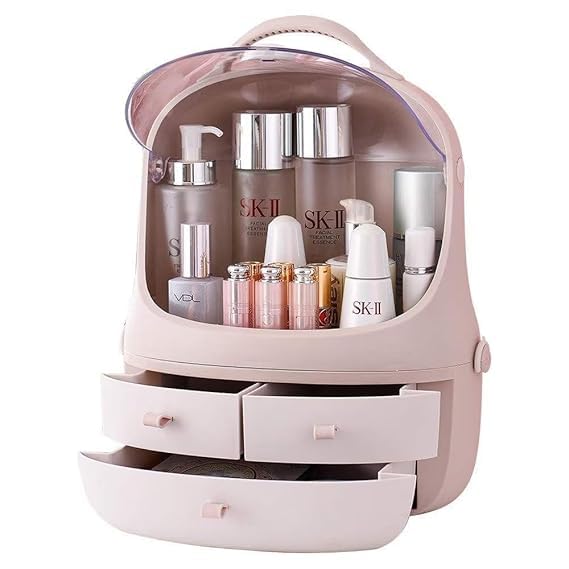 SHOPECOM Makeup Organizer Box Cosmetic Storage Modern Cosmetic Storage Holder Portable Handle Fully Open Waterproof Transparent Lid Dustproof Drawers Great for Bathroom Dresser Countertop multicolour - Image 3