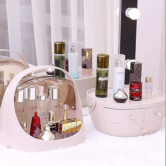 SHOPECOM Makeup Organizer Box Cosmetic Storage Modern Cosmetic Storage Holder Portable Handle Fully Open Waterproof Transparent Lid Dustproof Drawers Great for Bathroom Dresser Countertop multicolour - Image 5