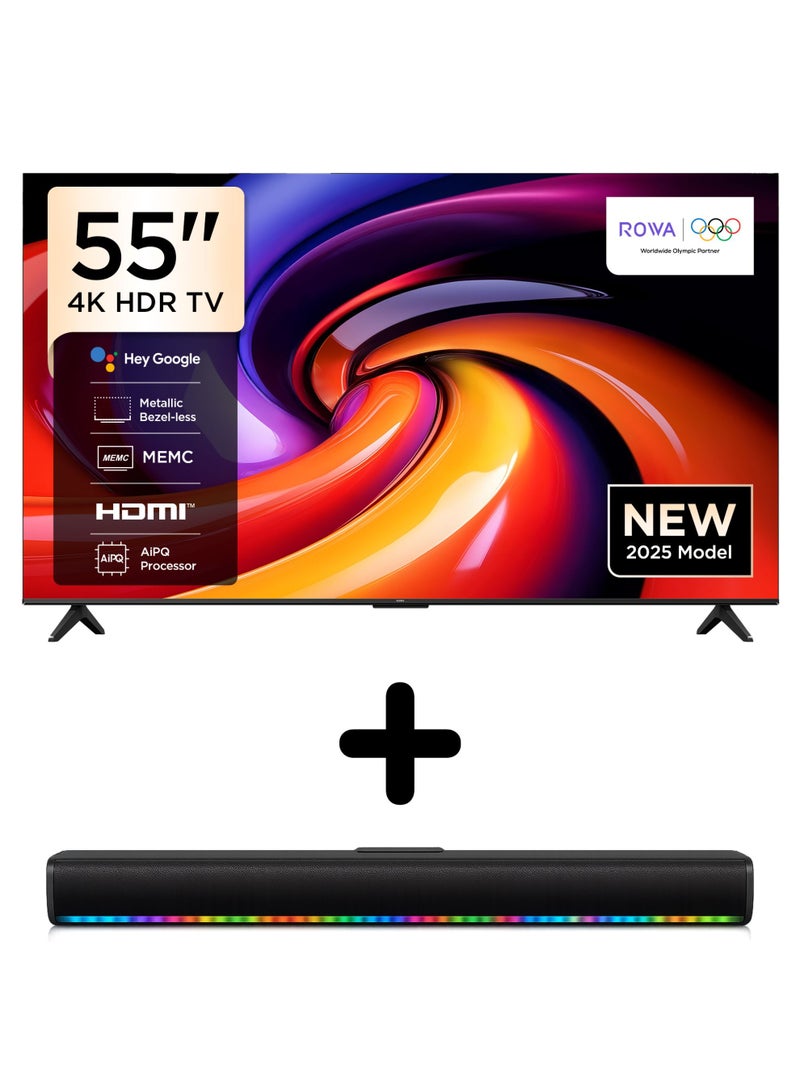 ROWA 55‑Inch R55 4K Ultra HD Google Smart TV + 2.0 Channel Soundbar Home Entertainment Bundle | 55 Inch HDR Smart TV With HDR 10, Dolby Audio, MEMC, Game Master (International Version) 55R55+SOUNDBAR Black - Image 1