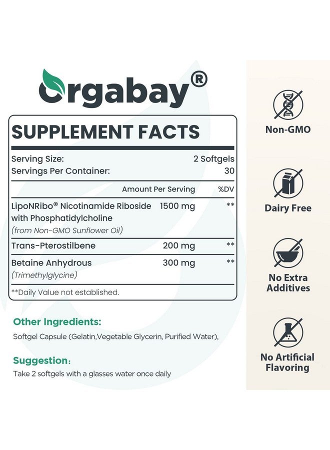 Orgabay أورغابي نيكوتيناميد ريبوسيد ليبوسومي 2000 ملغ مع TMG وبيترستيلبين، يعزز NAD+، يدعم الشيخوخة الصحية، 120 حبة - Image 2