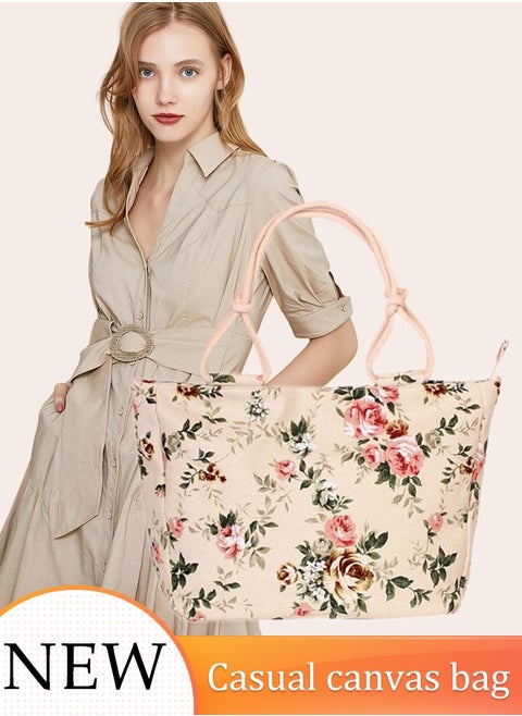 Women's Printed Canvas Bag Large Capacity Summer Beach Shoulder Bag with Zipper and Cotton Rope Handle Essential for Swimming Pool, Gym, Picnic and Vacation