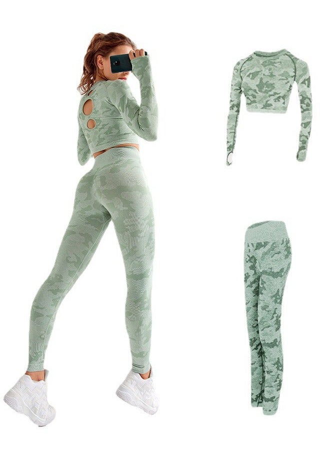 2 Piece for Women Yoga Gym Sets, Seamless Yoga Outfit High Waist Leggings + Long-Sleeve Top Set, Seamless Camouflage Tracksuit, Highly Elastic Tight Fitting Fitness Yoga Wear Set, M, Camo Green  - Image 2