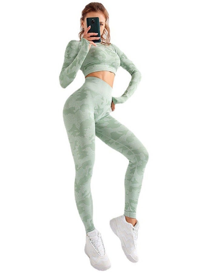 2 Piece for Women Yoga Gym Sets, Seamless Yoga Outfit High Waist Leggings + Long-Sleeve Top Set, Seamless Camouflage Tracksuit, Highly Elastic Tight Fitting Fitness Yoga Wear Set, M, Camo Green  - Image 3