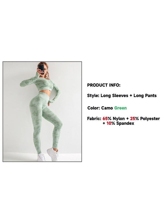 2 Piece for Women Yoga Gym Sets, Seamless Yoga Outfit High Waist Leggings + Long-Sleeve Top Set, Seamless Camouflage Tracksuit, Highly Elastic Tight Fitting Fitness Yoga Wear Set, M, Camo Green  - Image 4
