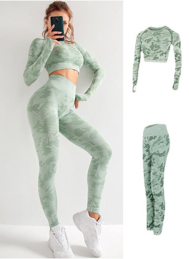 2 Piece for Women Yoga Gym Sets, Seamless Yoga Outfit High Waist Leggings + Long-Sleeve Top Set, Seamless Camouflage Tracksuit, Highly Elastic Tight Fitting Fitness Yoga Wear Set, M, Camo Green  - Image 1