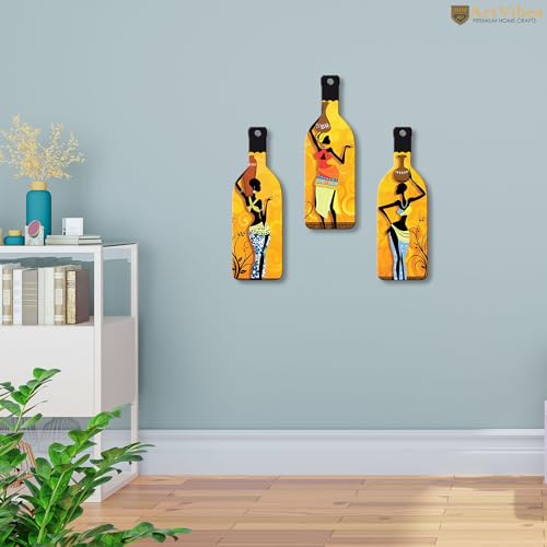 Artvibes African Women Warli Art Decor Bottle shaped Wooden Wall Hanging | Living Room | Handcrafted Art | Wall Illustrations | Art Prints | Aesthetic Wall Art | Ideal Gifts (WH_9508N), Set of 3 - Image 2