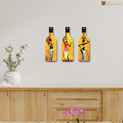 Artvibes African Women Warli Art Decor Bottle shaped Wooden Wall Hanging | Living Room | Handcrafted Art | Wall Illustrations | Art Prints | Aesthetic Wall Art | Ideal Gifts (WH_9508N), Set of 3 - Image 4