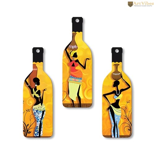 Artvibes African Women Warli Art Decor Bottle shaped Wooden Wall Hanging | Living Room | Handcrafted Art | Wall Illustrations | Art Prints | Aesthetic Wall Art | Ideal Gifts (WH_9508N), Set of 3 - Image 5