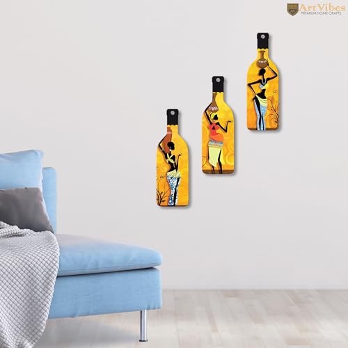 Artvibes African Women Warli Art Decor Bottle shaped Wooden Wall Hanging | Living Room | Handcrafted Art | Wall Illustrations | Art Prints | Aesthetic Wall Art | Ideal Gifts (WH_9508N), Set of 3 - Image 3