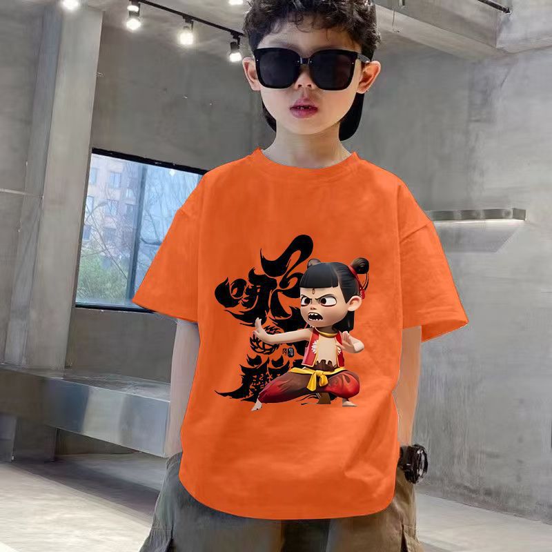Children'S New Nezha Cartoon Print Short-Sleeved T-Shirt For Boys And Girls, Pure Cotton Round Neck, Versatile National Trend T - Image 3