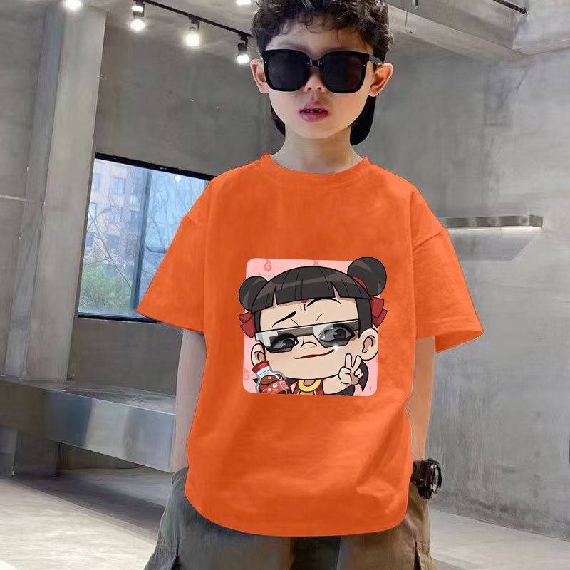 Children'S New Nezha Cartoon Print Short-Sleeved T-Shirt For Boys And Girls, Pure Cotton Round Neck, Versatile National Trend T - Image 1