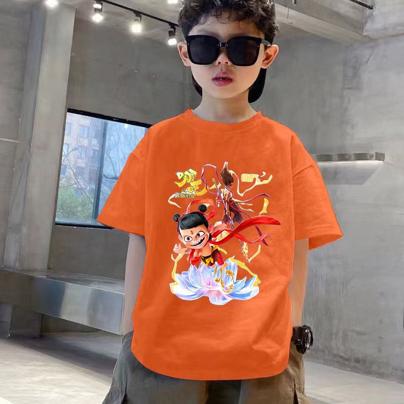 Children'S New Nezha Cartoon Print Short-Sleeved T-Shirt For Boys And Girls, Pure Cotton Round Neck, Versatile National Trend T - Image 4