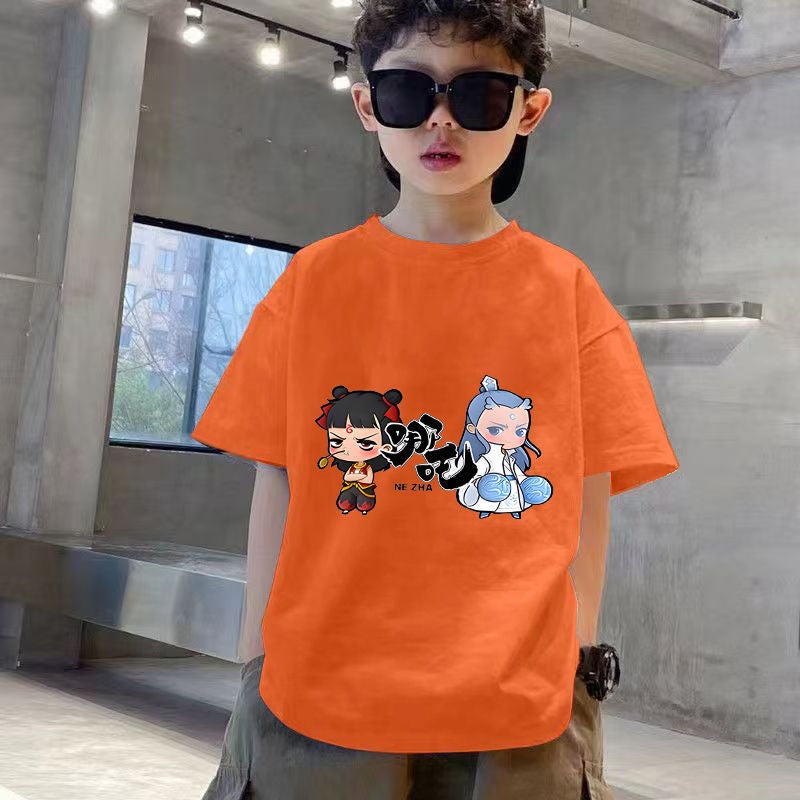 Children'S New Nezha Cartoon Print Short-Sleeved T-Shirt For Boys And Girls, Pure Cotton Round Neck, Versatile National Trend T - Image 2