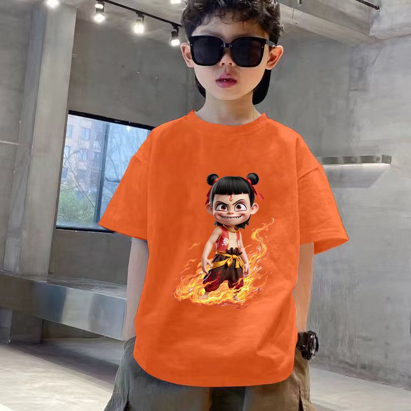 Children'S New Nezha Cartoon Print Short-Sleeved T-Shirt For Boys And Girls, Pure Cotton Round Neck, Versatile National Trend T - Image 5