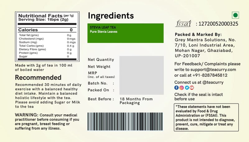 TEACURRY Stevia Tea (2 Month Pack, 60 Tea Bags) - Helps with blood sugar levels, cholesterol - 100% Natural Sweetener - Sugar free - Image 5