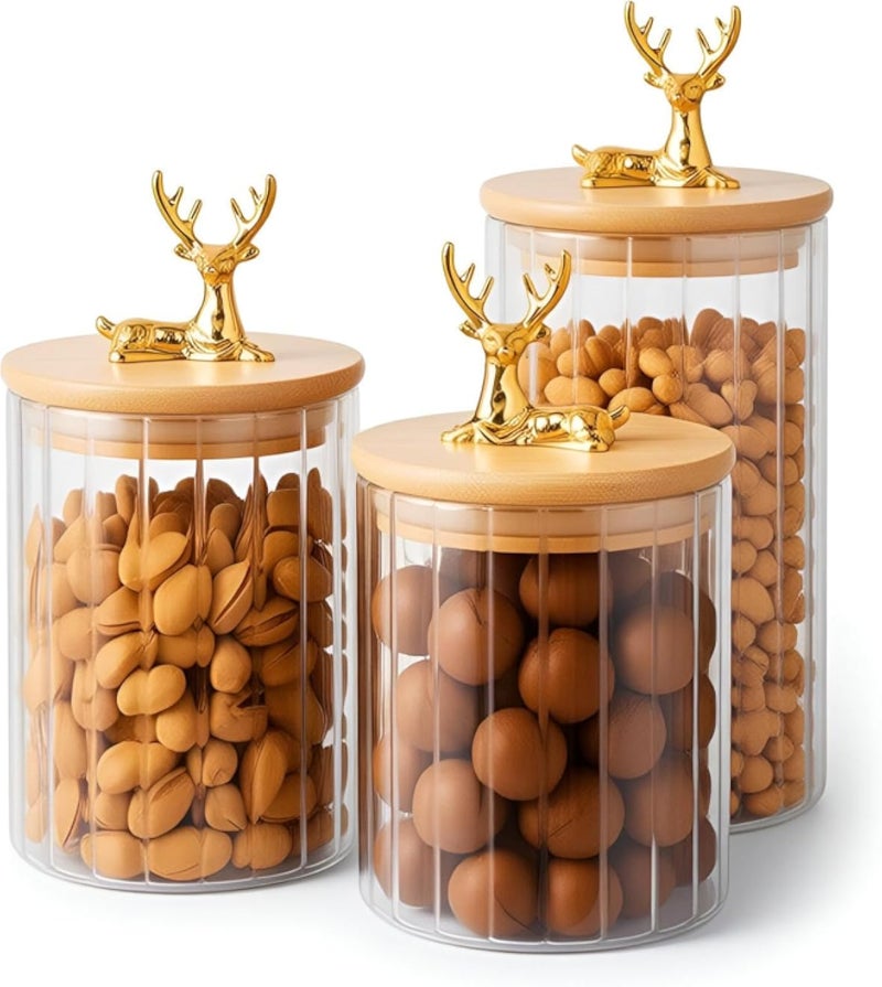 برطمانات تخزين للمطبخ - عبوات متينة شفافة بلون كهرماني مع أغطية من الخيزران وأختام مانعة للتسرب، مثالية لعرض وحفظ المعكرونة والأرز والبسكويت والحلويات والحبوب، سعة 950 مل