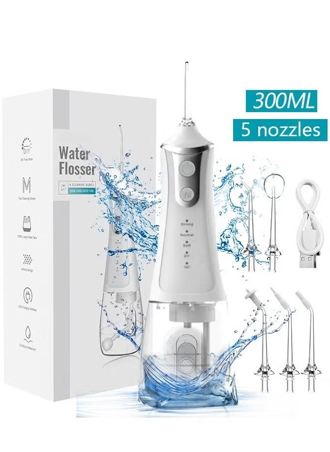 Portable Water Dental Flosser For Teeth Cleaning Dental Oral Irrigator With 4 Modes Scalable 5 Jet Nozzles IPX7 Water Resistance 300ML 