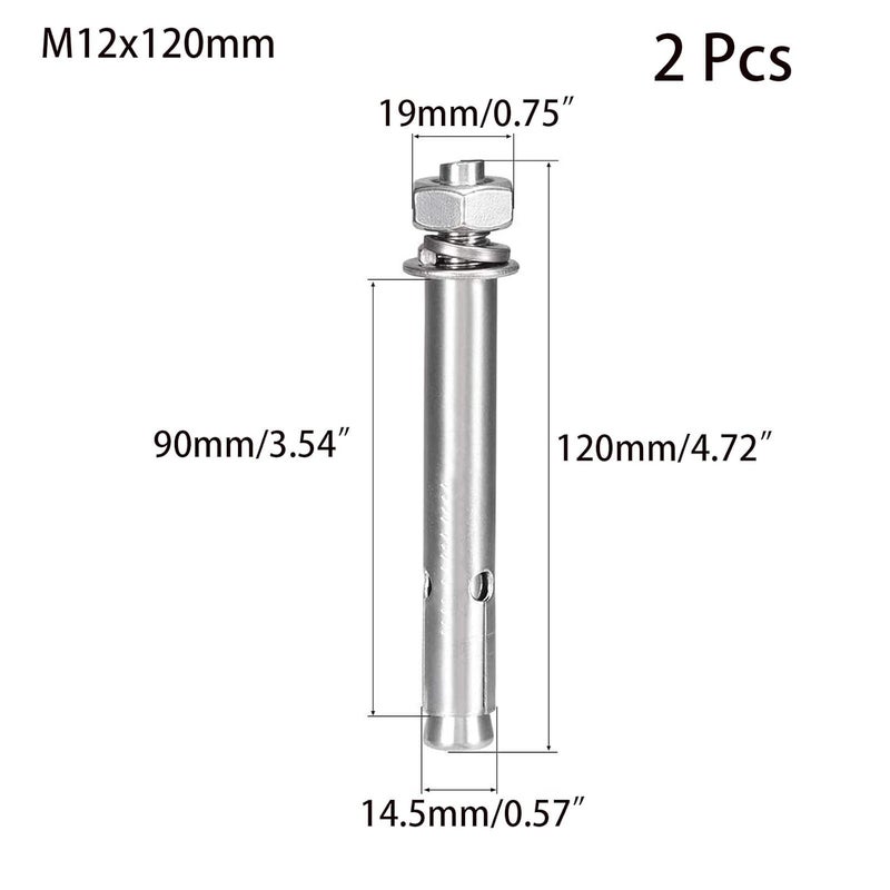 SDY 2 Pcs M12 x 120mm 304 Stainless Steel Expansion Bolt External Hex Expansion Screw Bolt Sleeve Anchor，Pool Safety Cover Expansion Bolts，for Concrete - Image 2