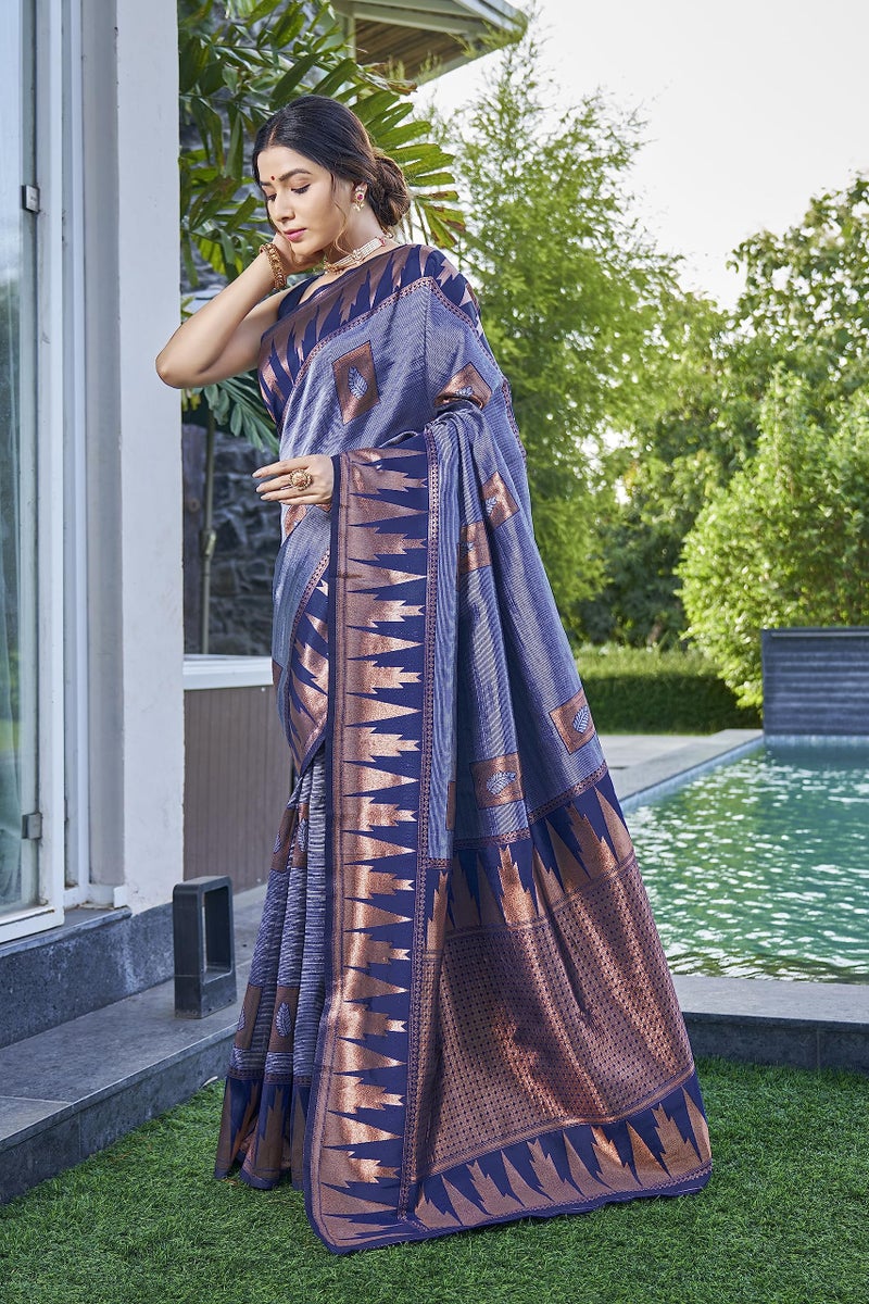 MANOHARI Women Most Trendy Blue Banarasi Silk Woven Design Saree With Blouse Piece_Mn1813 - Image 2