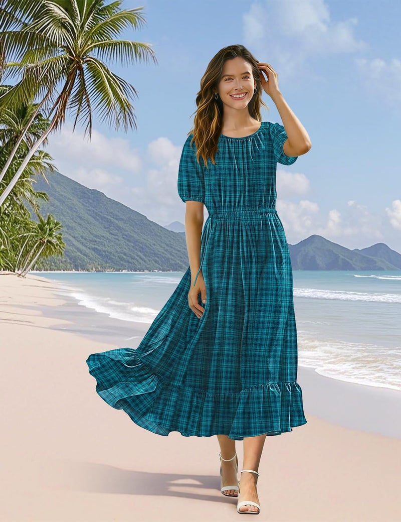 YESNO Women's Summer Floral Maxi Dresses Boho Puff Sleeve Casual Drawstring Ruffle Tiered Hem Beach Dress with Pockets ECS XL ECS Dark Cyan - Image 2