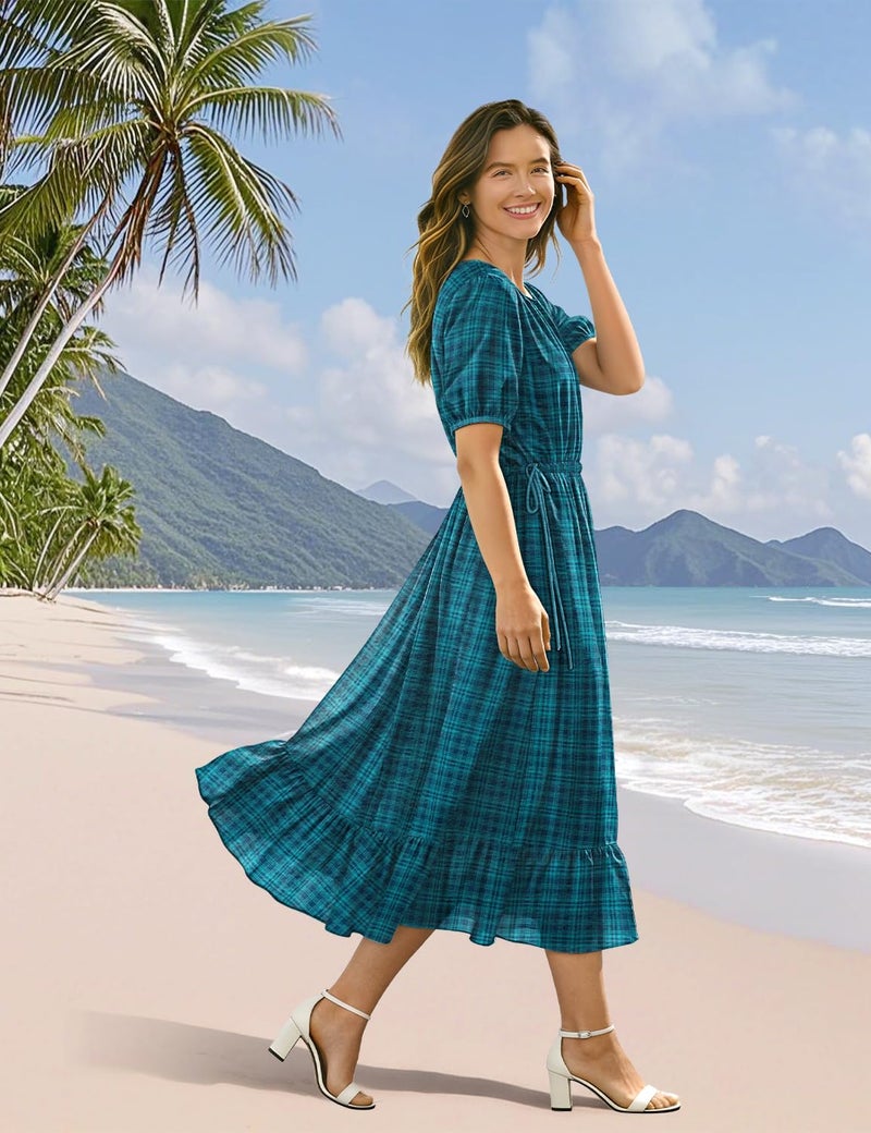 YESNO Women's Summer Floral Maxi Dresses Boho Puff Sleeve Casual Drawstring Ruffle Tiered Hem Beach Dress with Pockets ECS XL ECS Dark Cyan - Image 4