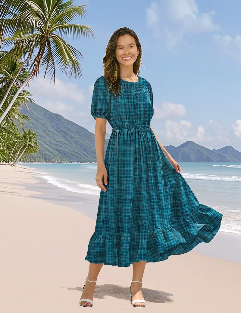 YESNO Women's Summer Floral Maxi Dresses Boho Puff Sleeve Casual Drawstring Ruffle Tiered Hem Beach Dress with Pockets ECS XL ECS Dark Cyan - Image 3