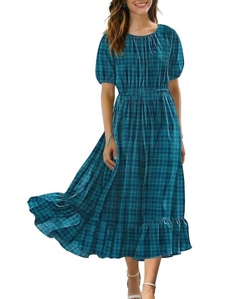 YESNO Women's Summer Floral Maxi Dresses Boho Puff Sleeve Casual Drawstring Ruffle Tiered Hem Beach Dress with Pockets ECS XL ECS Dark Cyan - Image 1