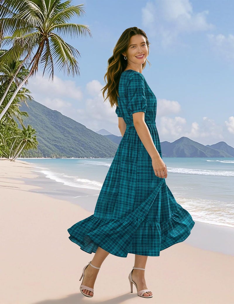 YESNO Women's Summer Floral Maxi Dresses Boho Puff Sleeve Casual Drawstring Ruffle Tiered Hem Beach Dress with Pockets ECS XL ECS Dark Cyan - Image 5