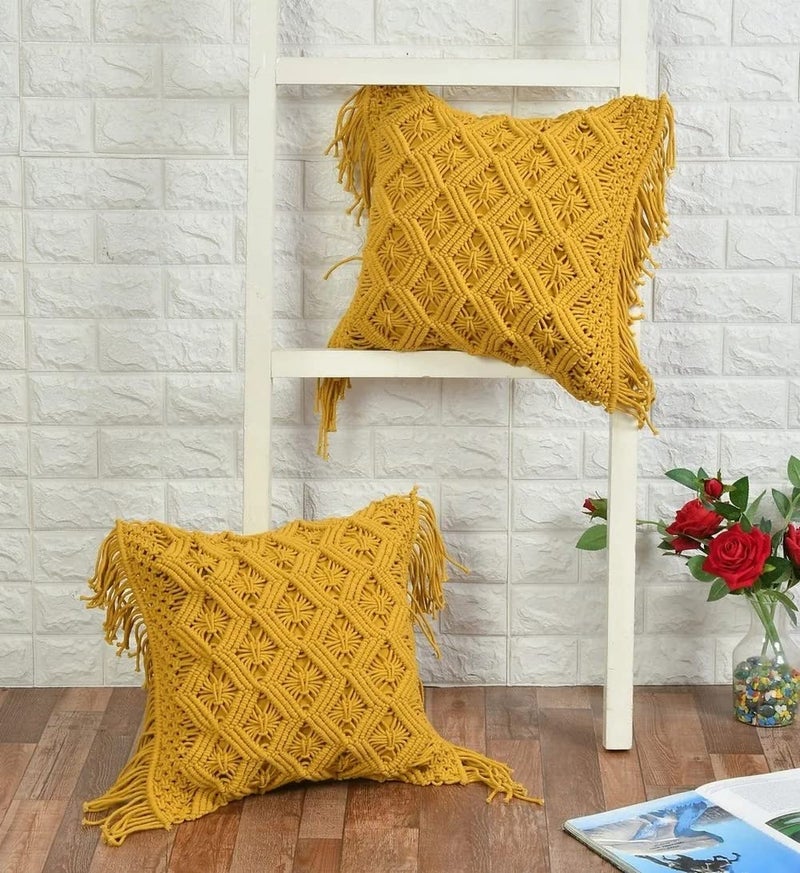 pepme pepme Macrame Cushion Cover Zig Zag Lines Diamond Boxes 18x18 Yellow  - Image 1