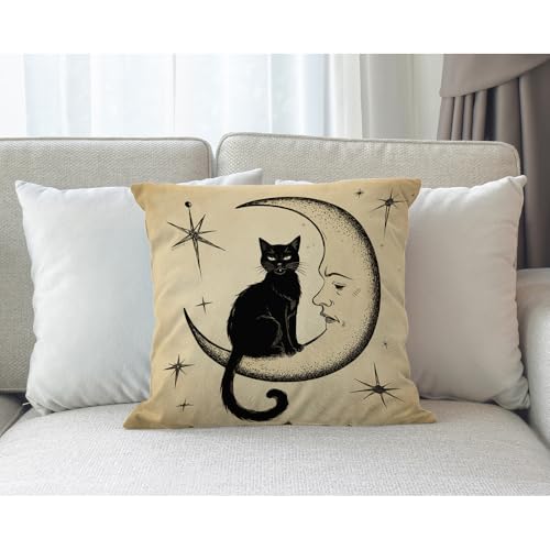 Moslion Cats Moon Throw Pillow Cover Pillow Case Black Cat Sits on The Moon Face Star Cotton Linen Pillow Case 18 x 18 Inch Cushion Cover for Sofa Living Room Light Brown - Image 3
