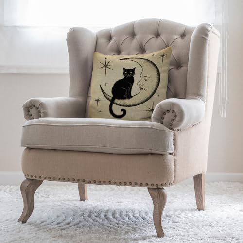 Moslion Cats Moon Throw Pillow Cover Pillow Case Black Cat Sits on The Moon Face Star Cotton Linen Pillow Case 18 x 18 Inch Cushion Cover for Sofa Living Room Light Brown - Image 4