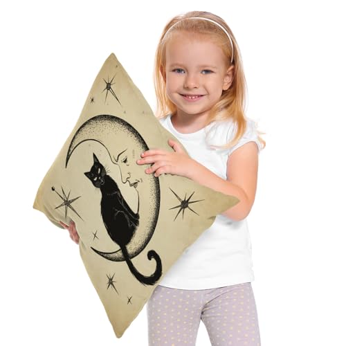 Moslion Cats Moon Throw Pillow Cover Pillow Case Black Cat Sits on The Moon Face Star Cotton Linen Pillow Case 18 x 18 Inch Cushion Cover for Sofa Living Room Light Brown - Image 2