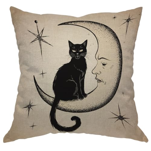Moslion Cats Moon Throw Pillow Cover Pillow Case Black Cat Sits on The Moon Face Star Cotton Linen Pillow Case 18 x 18 Inch Cushion Cover for Sofa Living Room Light Brown - Image 1