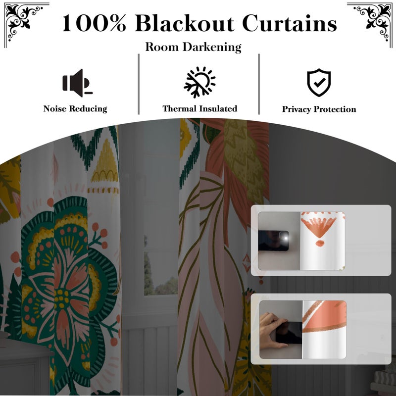 Tyrot White Boho Floral 100% Blackout Curtains for Living Room 84 inch Long 2 Panels Mid Century Botanical Black Out Curtains for Bedroom Grommet Thermal Insulated Room Darkening Window Drapes,52Wx84L - Image 3