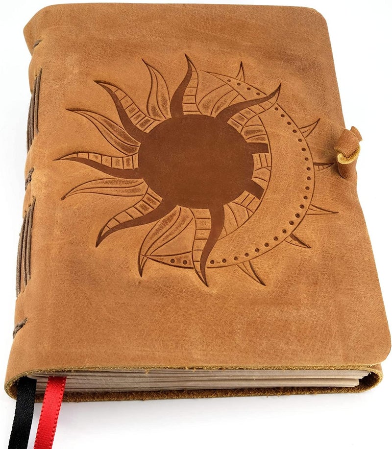ThoughtSpace Journals Leather Bound Journal for Women with Lined Paper - Handcrafted Poetry & Grimoire Journal, Full-Grain Leather Bound Notebook - Sun & Moon Design for Women & Men - 5x7 in Lined Paper, 184 Pages - Image 1