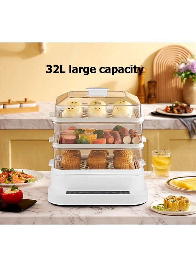 Fast Egg Cooker and Egg Boiler, Multifunctional Electric Steamer, Electronic Touch Screen, With 24-Hour Timer Function, 5-Hour Keep Warm Function, Three Layers, Can Cook 27 Eggs, 32 Liter Capacity 800 W Xh-D20 White