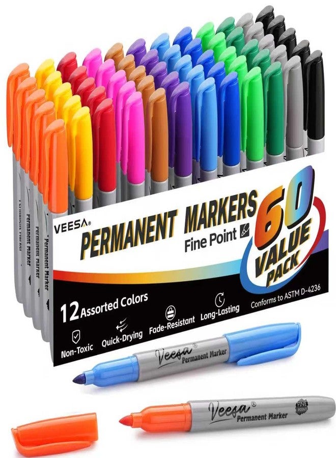 VEESA 12 Colors Permanent Markers Bulk of 60 Pack, Fine Tip, Quick Drying, Smudge-Free, Water- & Fade-Resistant, for Office School Craft DIY, Works on Wood Plastic Paper Metal - Image 1