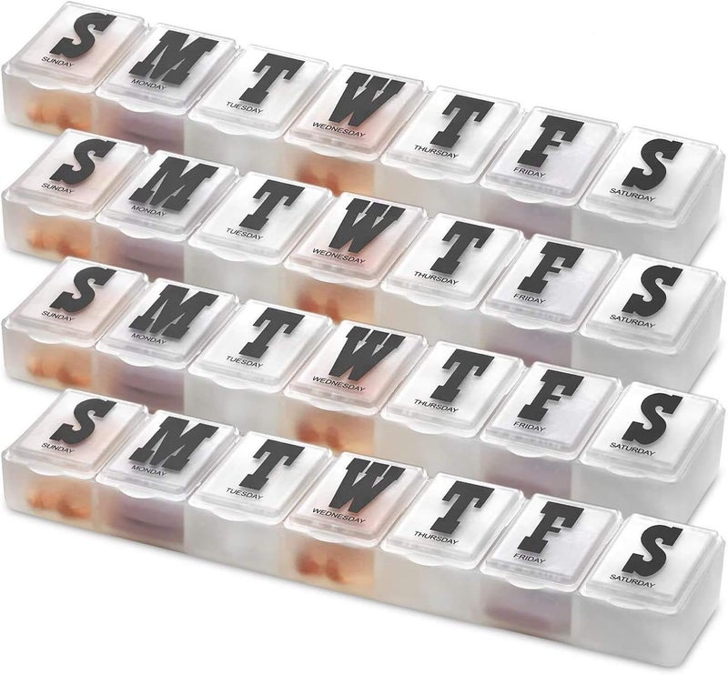 MEDca Pill Organizers - Pack of 4 Bold Letter Weekly Pill Planners for 28 Days Total to Separate Supplements, Fish Oils & Vitamins Daily Medication Reminder for Travel & Purse